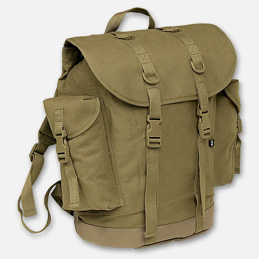 Armed Forces Hunter Backpack featuring padded straps, imitation leather accents, and multiple pockets, ideal for outdoor adventures.