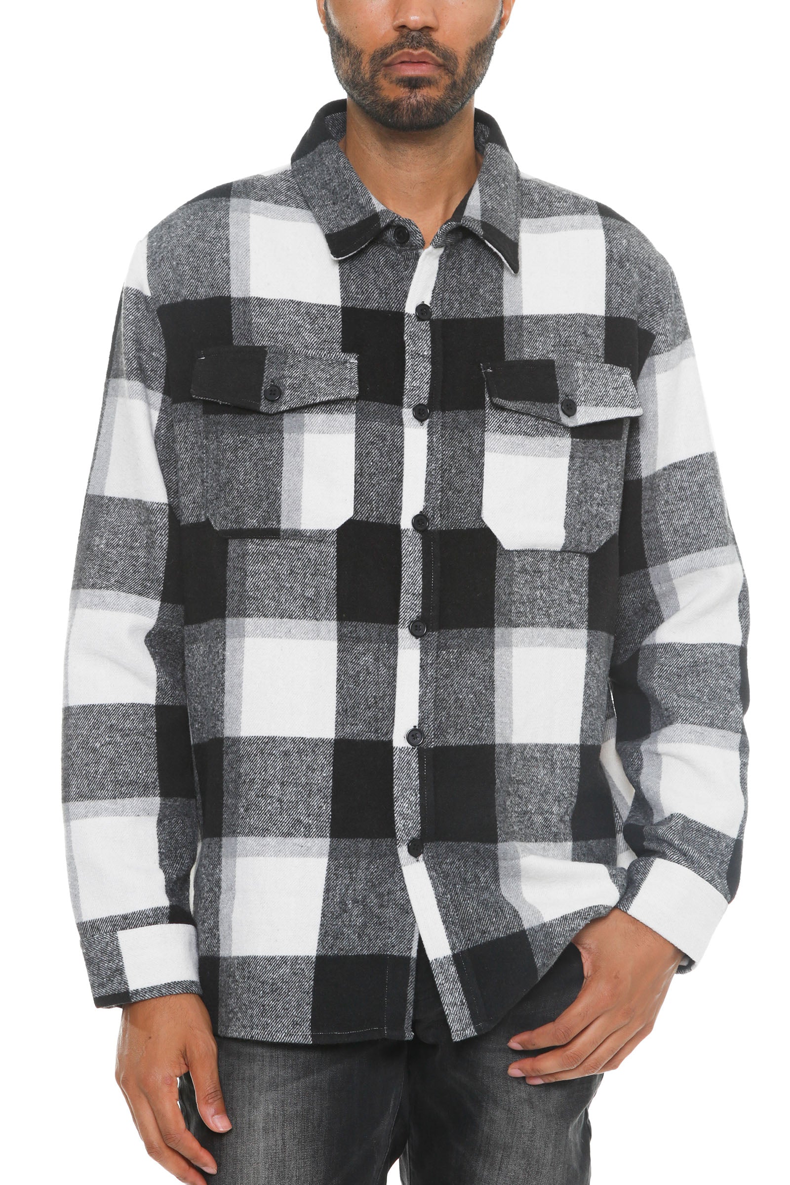 Austin Soft Flannel Shacket featuring a brushed checkered pattern, long sleeves, and chest pockets, perfect for stylish layering.