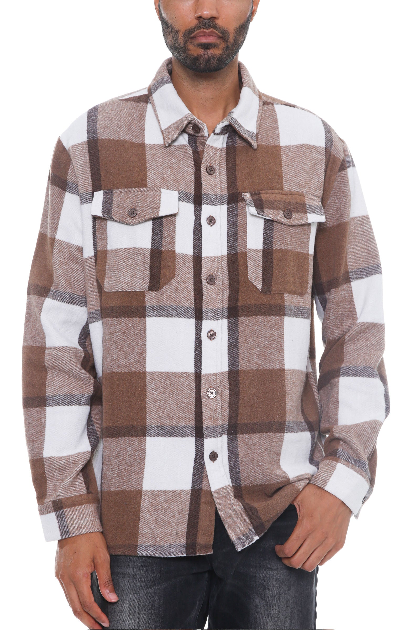 Austin Soft Flannel Shacket featuring a brushed checkered pattern, long sleeves, and chest pockets, perfect for stylish layering.