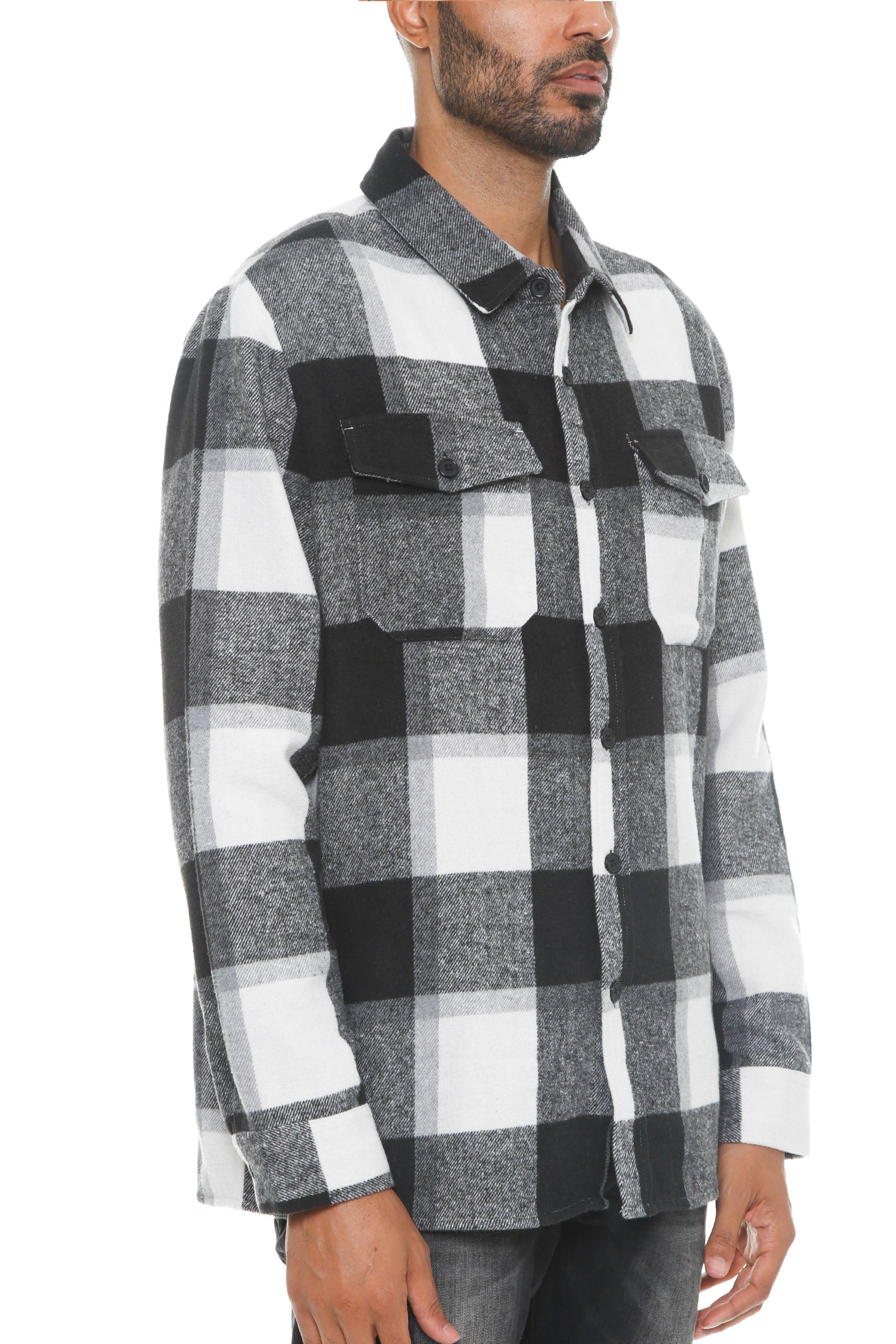 Austin Soft Flannel Shacket featuring a brushed checkered pattern, long sleeves, and chest pockets, perfect for stylish layering.