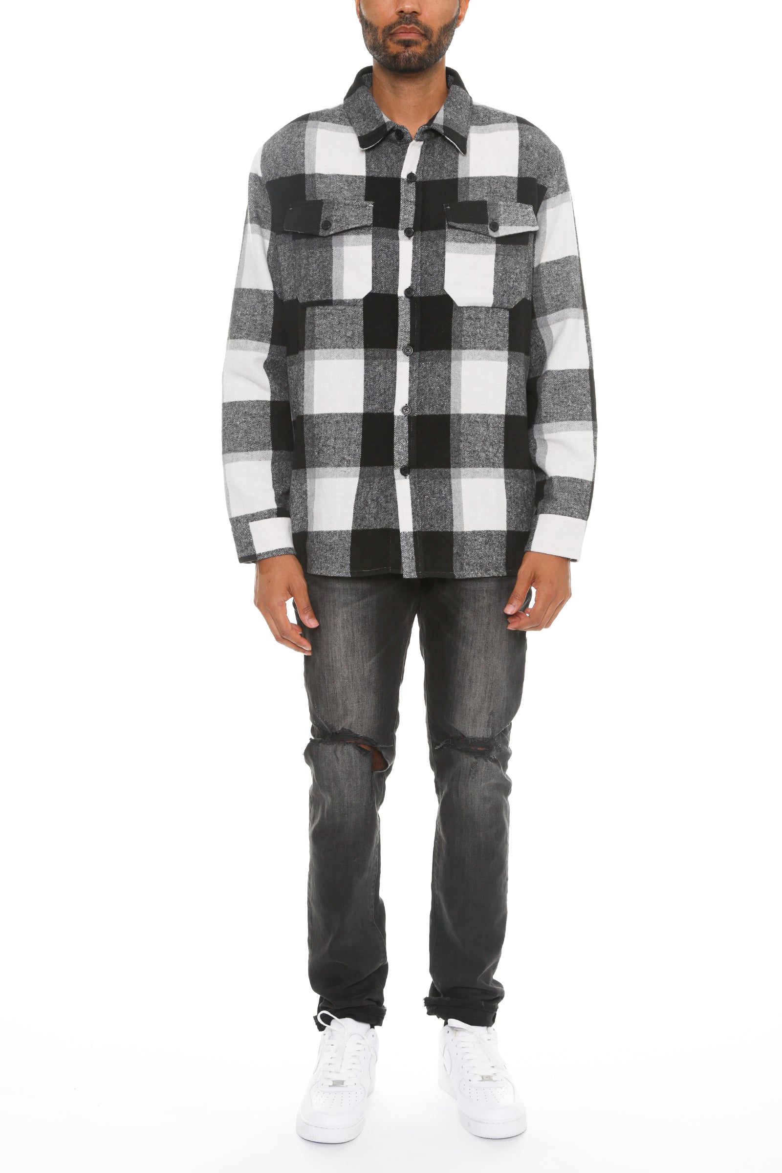 Austin Soft Flannel Shacket featuring a brushed checkered pattern, long sleeves, and chest pockets, perfect for stylish layering.