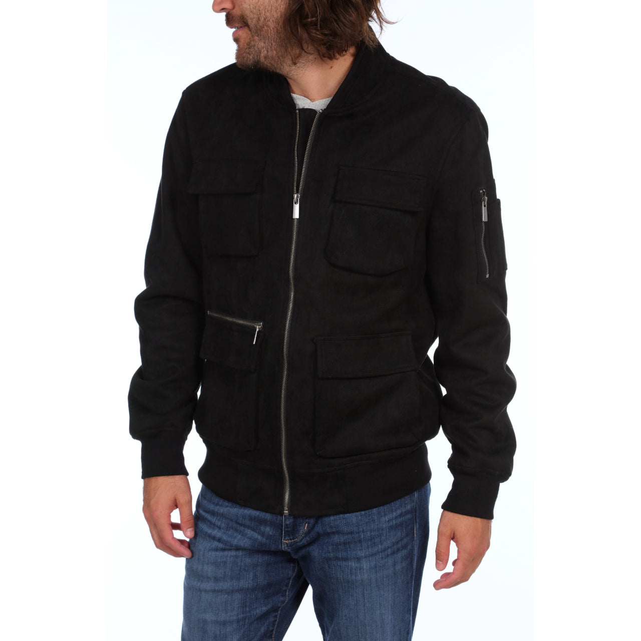 Austin Suede Cargo Bomber Jacket in black with multiple cargo pockets, showcasing its stylish and cozy design.