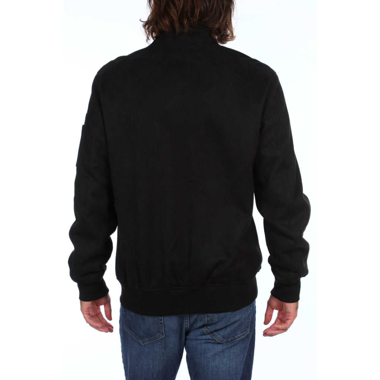 Austin Suede Cargo Bomber Jacket in black with multiple cargo pockets, showcasing its stylish and cozy design.