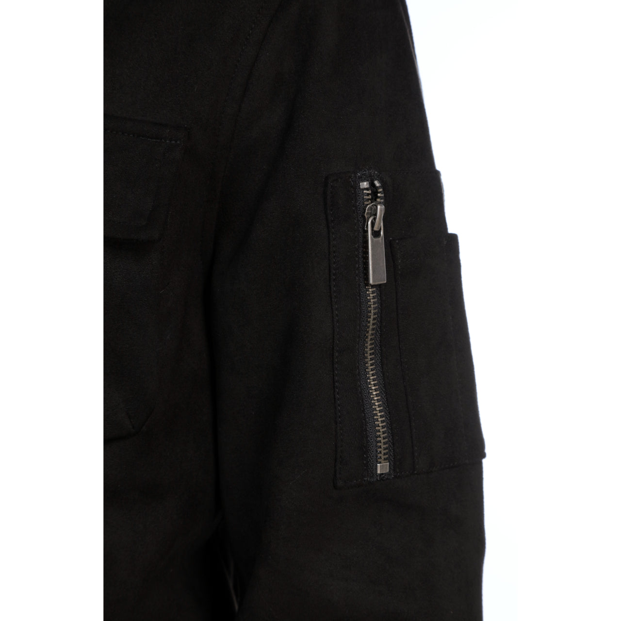 Austin Suede Cargo Bomber Jacket in black with multiple cargo pockets, showcasing its stylish and cozy design.