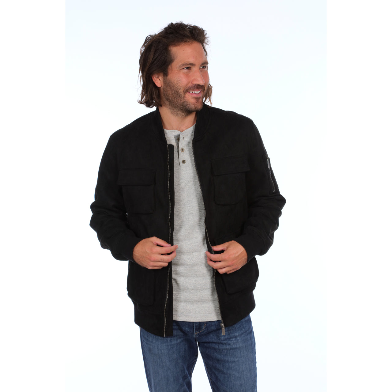 Austin Suede Cargo Bomber Jacket in black with multiple cargo pockets, showcasing its stylish and cozy design.