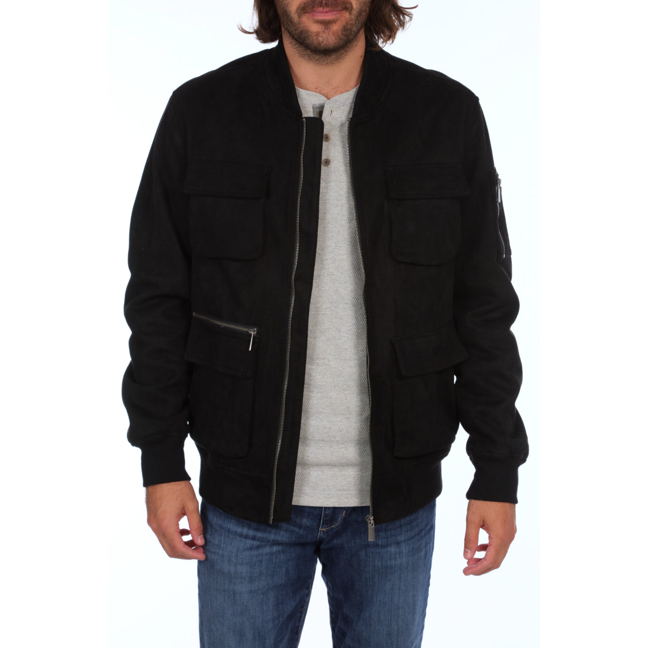 Austin Suede Cargo Bomber Jacket in black with multiple cargo pockets, showcasing its stylish and cozy design.