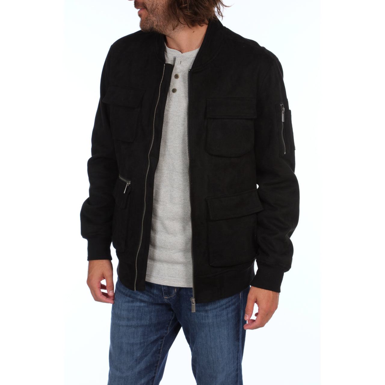 Austin Suede Cargo Bomber Jacket in black with multiple cargo pockets, showcasing its stylish and cozy design.