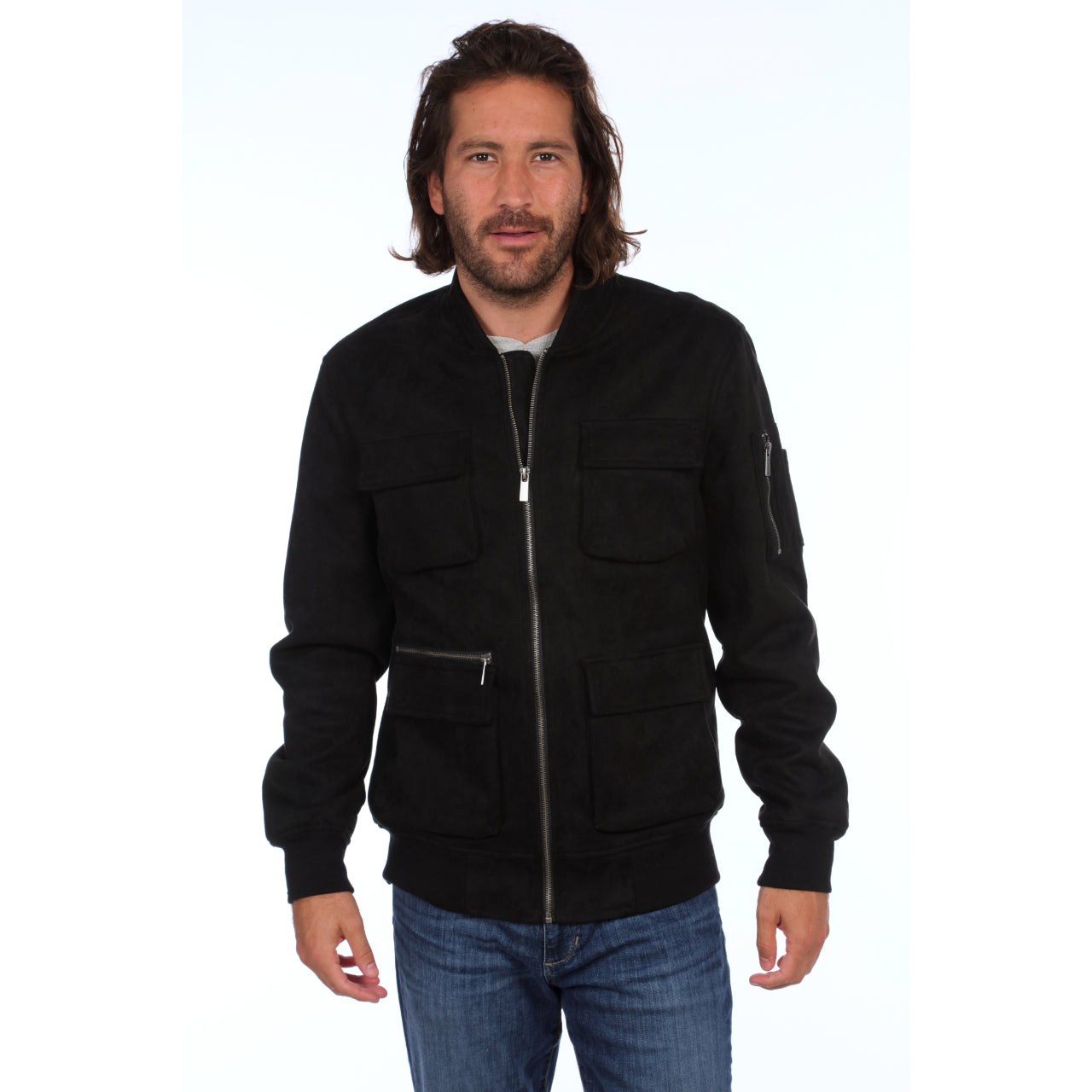 Austin Suede Cargo Bomber Jacket in black with multiple cargo pockets, showcasing its stylish and cozy design.