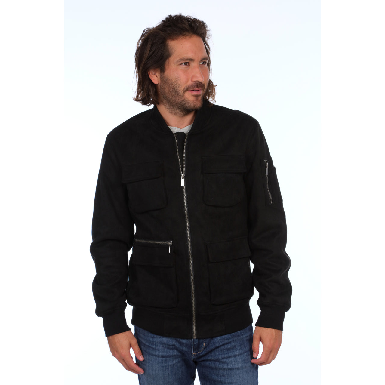 Austin Suede Cargo Bomber Jacket in black with multiple cargo pockets, showcasing its stylish and cozy design.