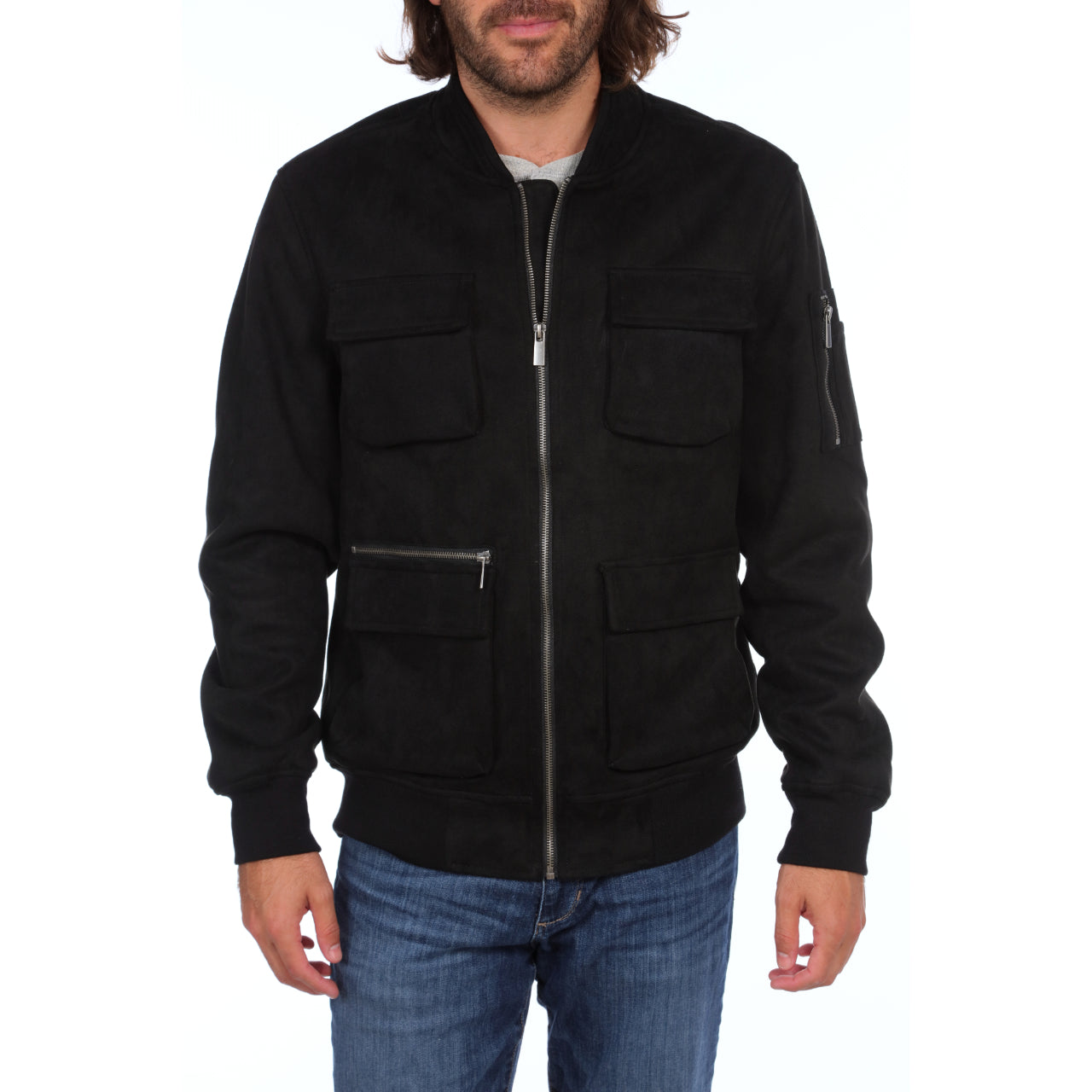 Austin Suede Cargo Bomber Jacket in black with multiple cargo pockets, showcasing its stylish and cozy design.