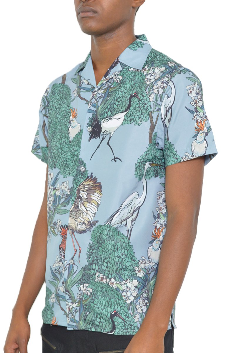 AVES Short Sleeve Shirt featuring a classic button-up design with an allover print, made from lightweight polyester fabric.