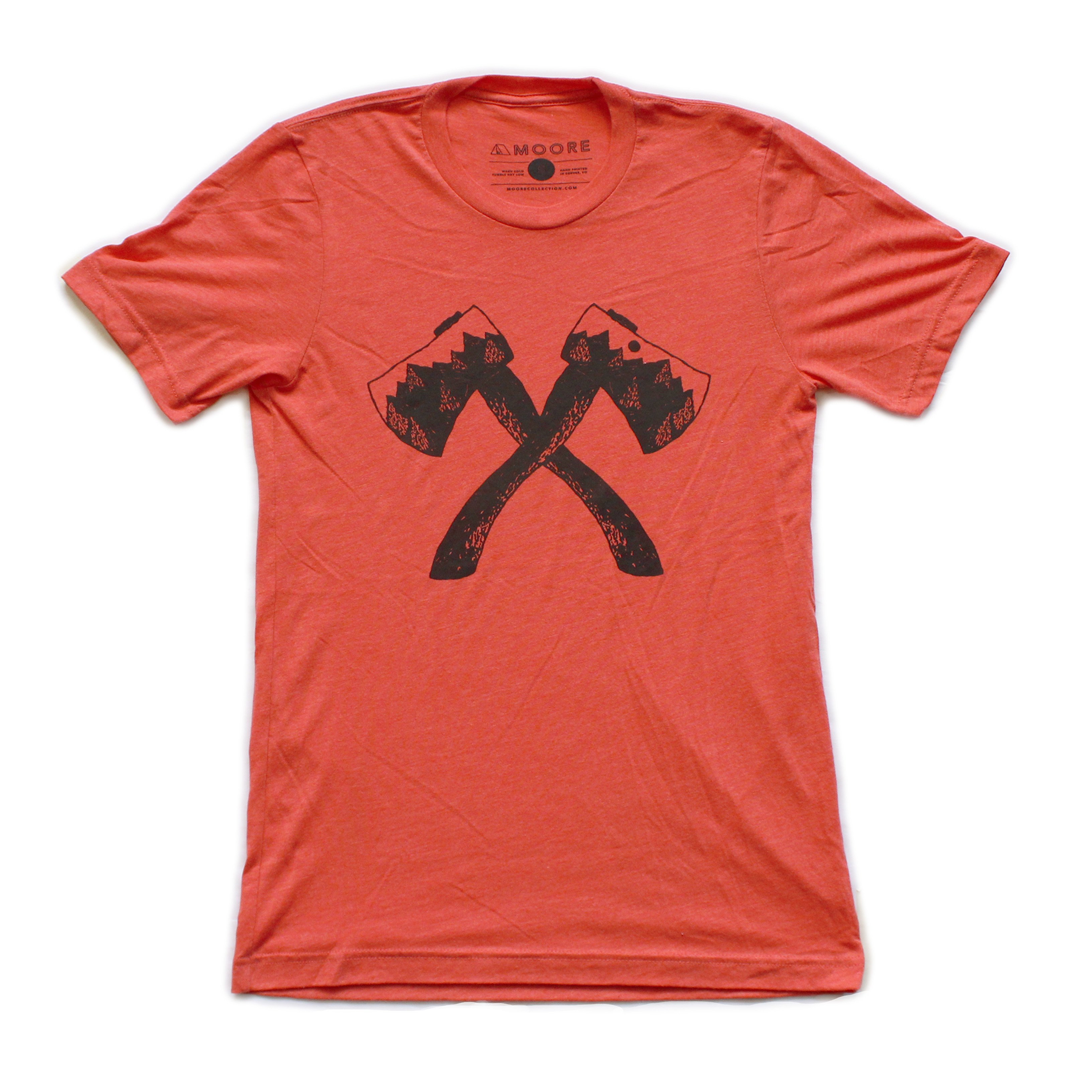 Axe Tee in red featuring white water-based ink screen print, made from 100% ringspun cotton, displayed on a neutral background.