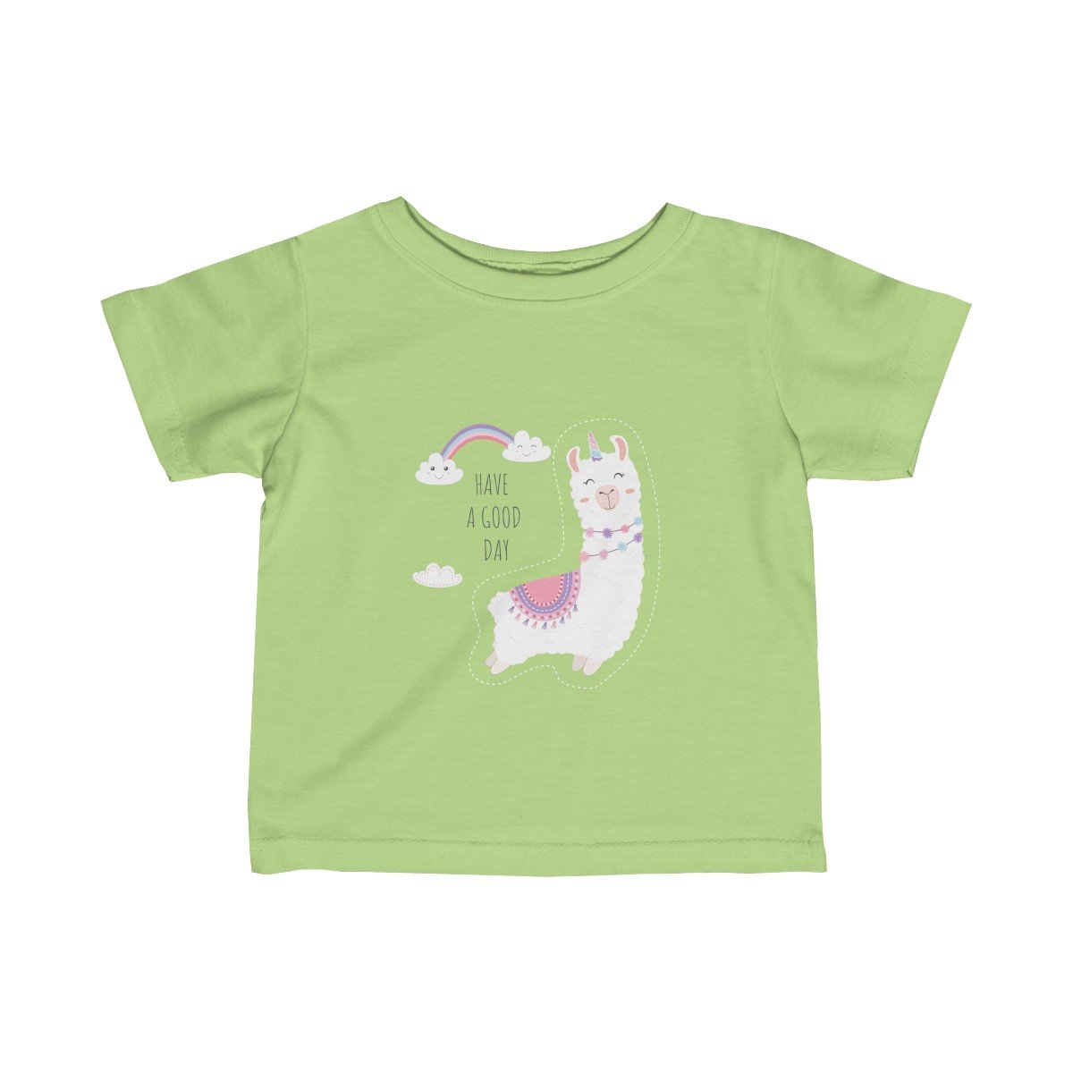 A soft and durable Baby Llama Infant Girls Tee in pastel colors, perfect for infants, featuring a cute llama graphic.