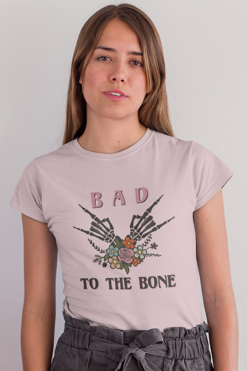 Bad to the Bone T-Shirt featuring bold graphic design on soft ring-spun cotton fabric, suitable for unisex wear.