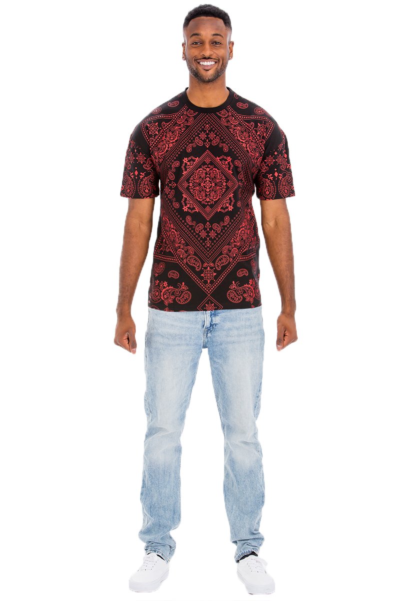 A stylish Bandana Print T-shirt made from 100% cotton, featuring a unique bandana design, perfect for casual wear.