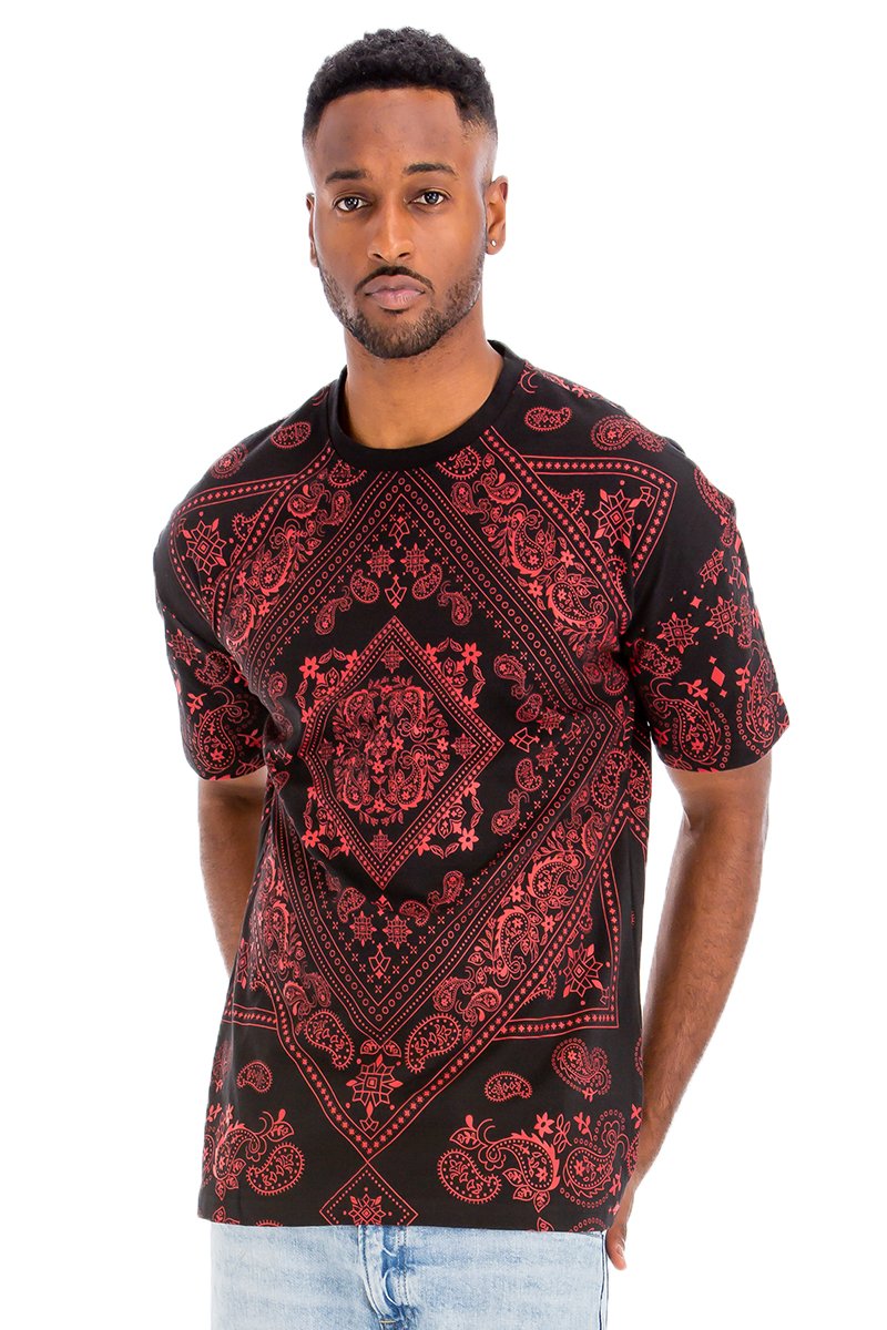 A stylish Bandana Print T-shirt made from 100% cotton, featuring a unique bandana design, perfect for casual wear.