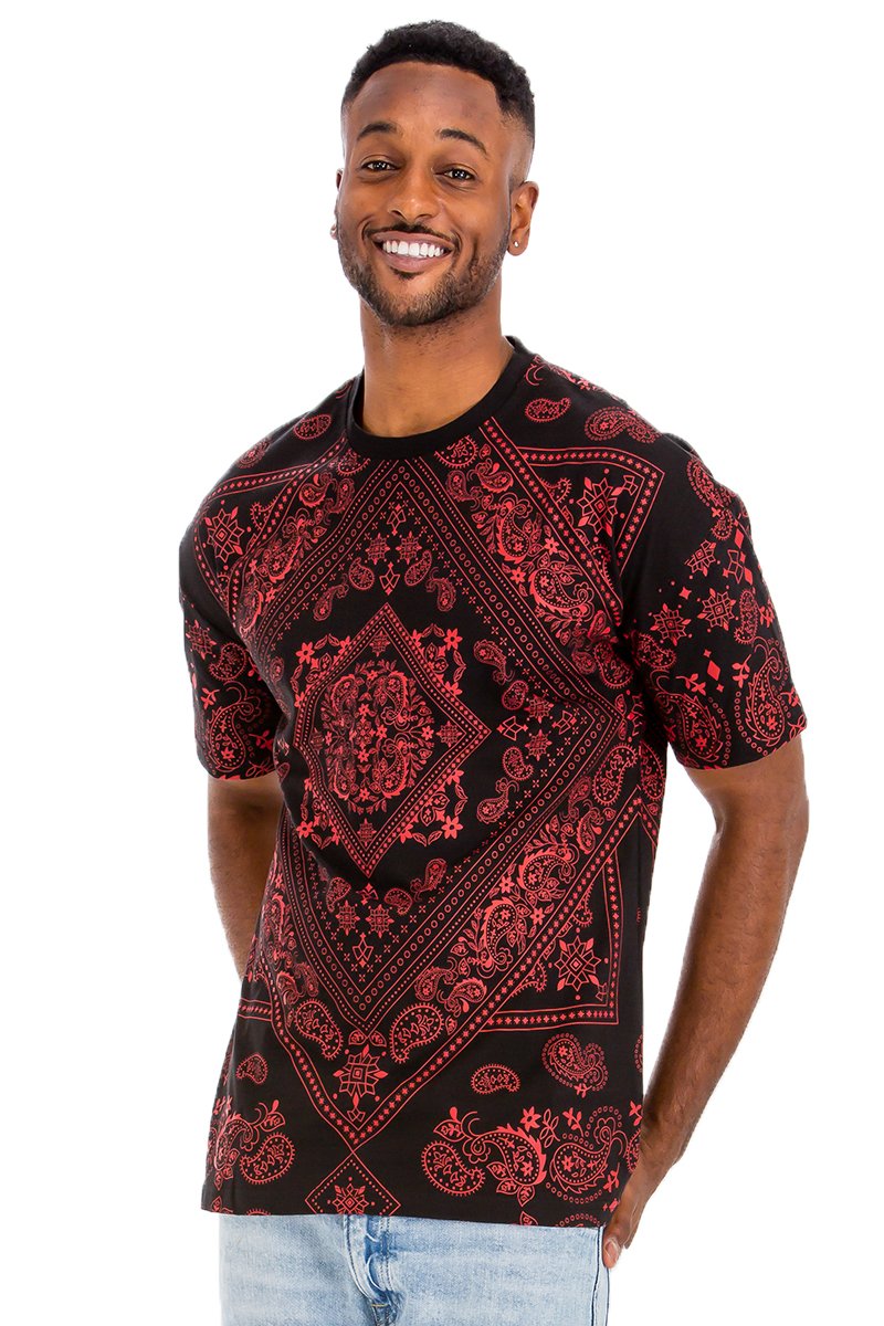 A stylish Bandana Print T-shirt made from 100% cotton, featuring a unique bandana design, perfect for casual wear.