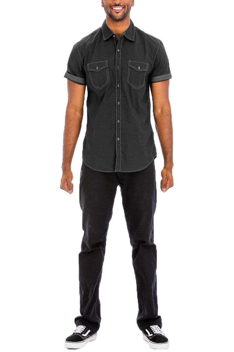 Banks Outline Stitch Button Up shirt featuring outline stitching, two buttoned chest pockets, and a lightweight fabric.