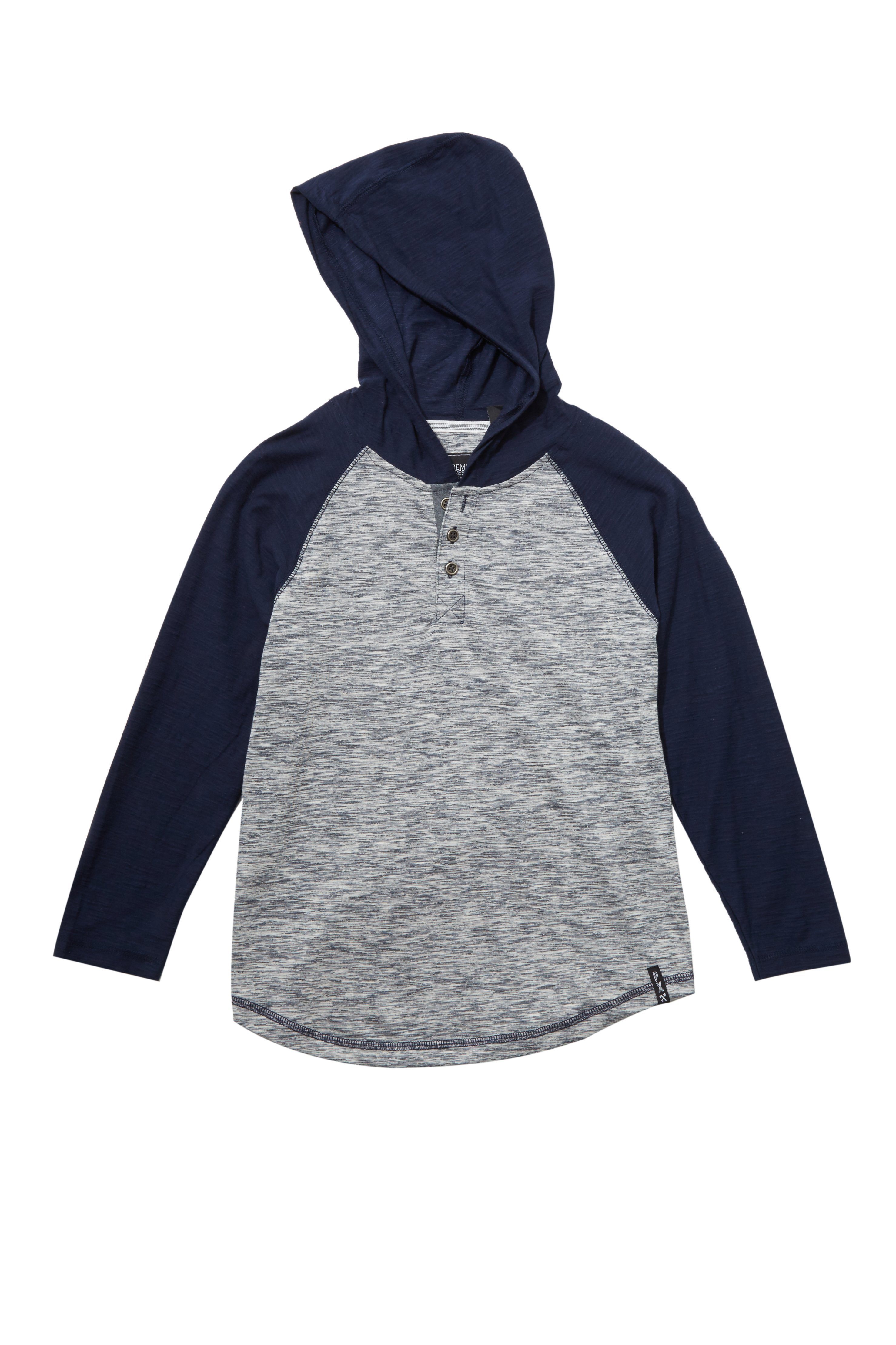 A stylish Baseball Sleeve Henley with Hood for boys, featuring contrasting sleeves and a cozy hood, perfect for casual wear.