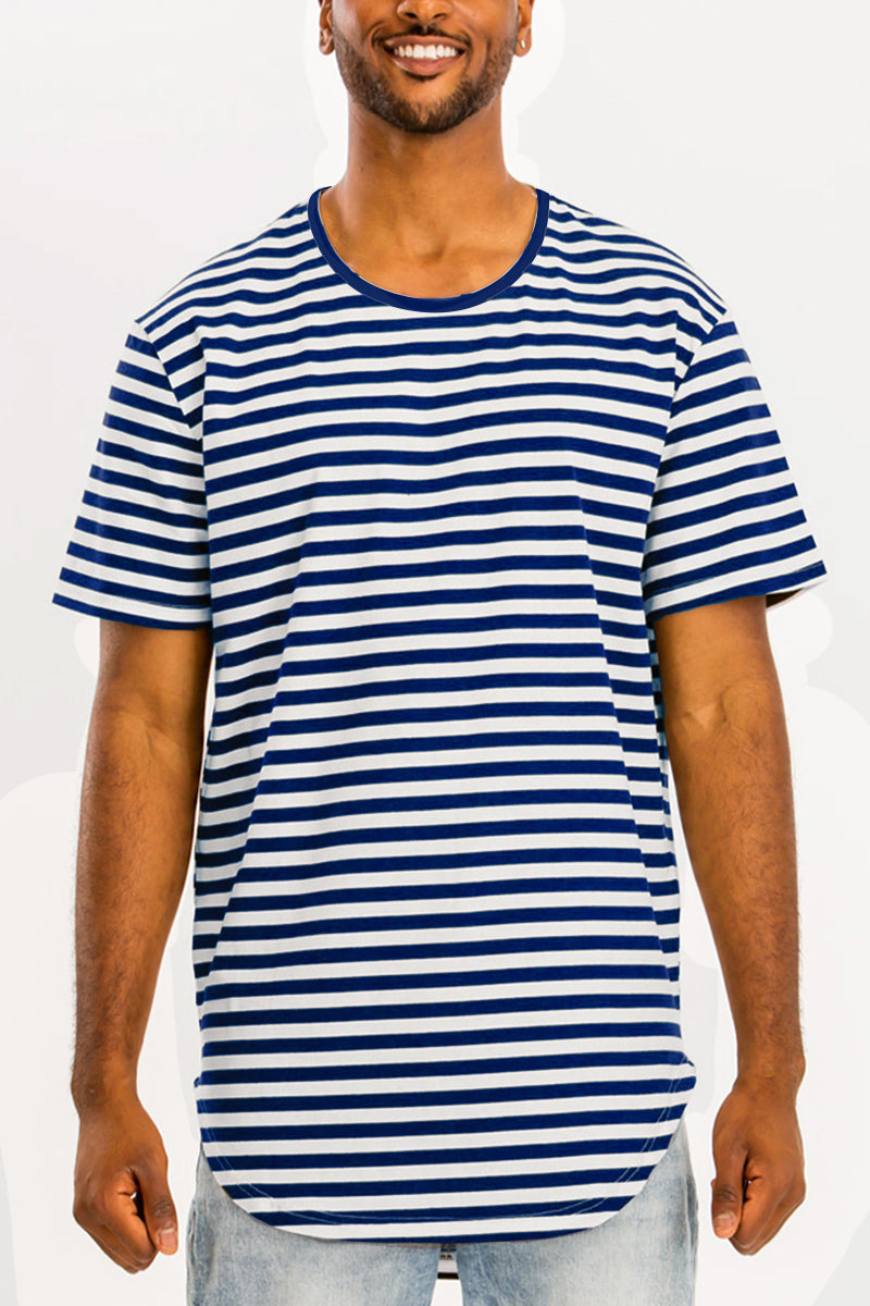 A stylish BASIC STRIPED TEE featuring an oversized fit, made of soft cotton and spandex blend, perfect for casual wear.