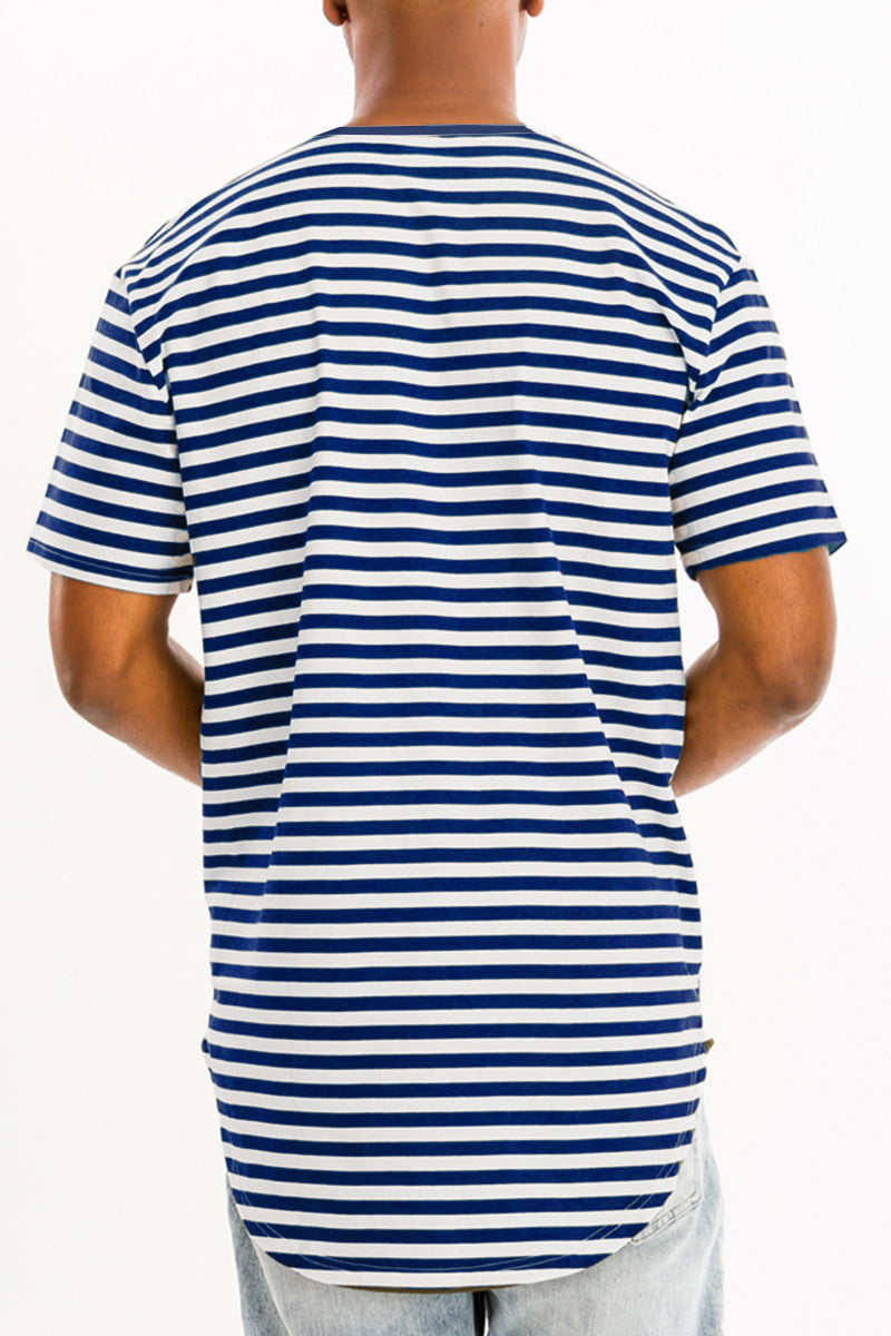 A stylish BASIC STRIPED TEE featuring an oversized fit, made of soft cotton and spandex blend, perfect for casual wear.