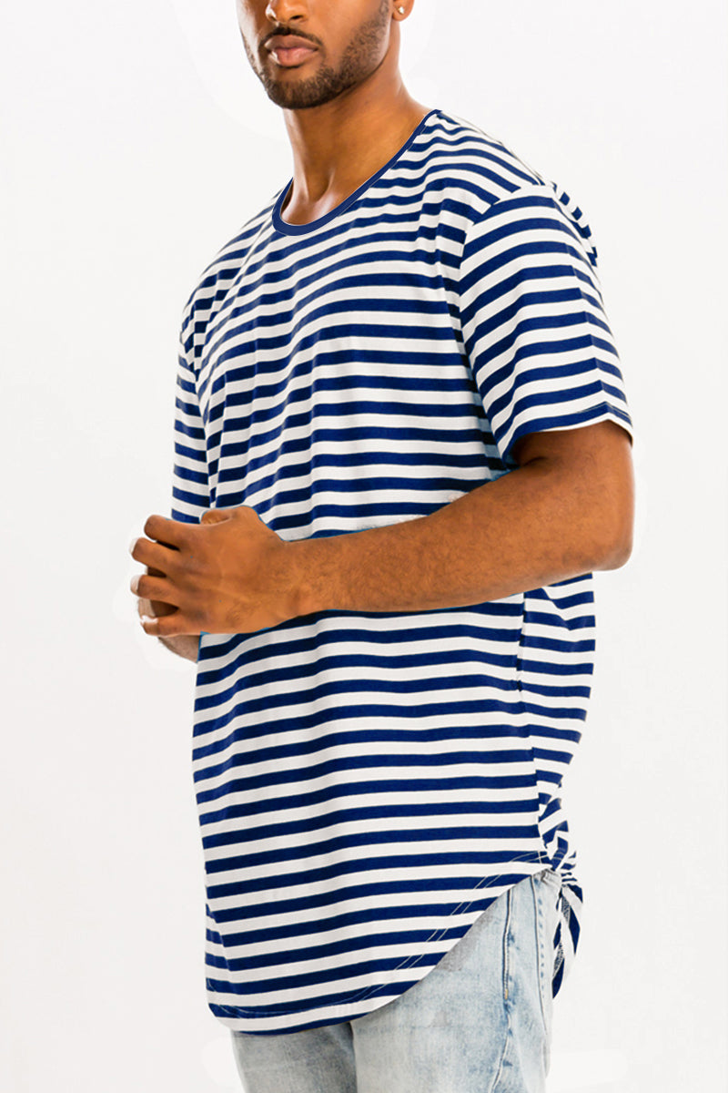 A stylish BASIC STRIPED TEE featuring an oversized fit, made of soft cotton and spandex blend, perfect for casual wear.