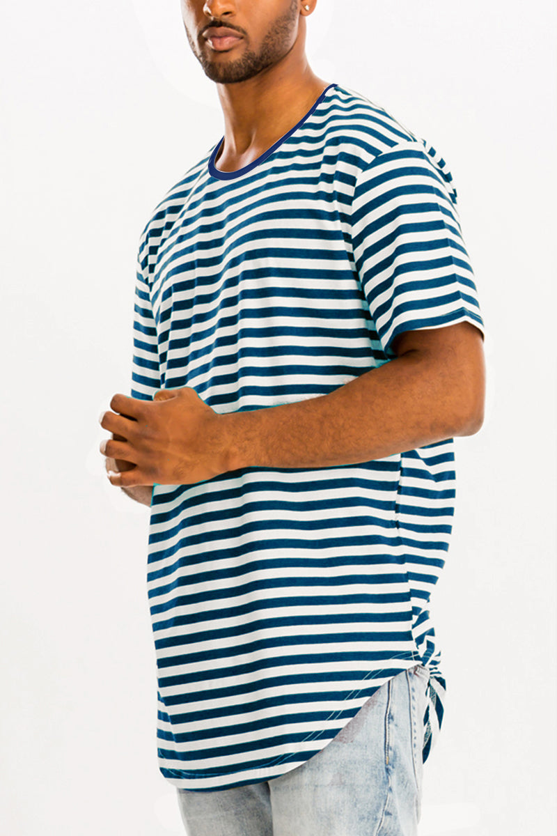 A stylish BASIC STRIPED TEE featuring an oversized fit, made from soft cotton and spandex blend, displayed on a mannequin.