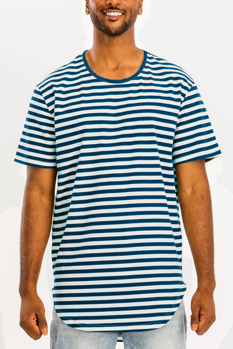 A stylish BASIC STRIPED TEE featuring an oversized fit, made from soft cotton and spandex blend, displayed on a mannequin.