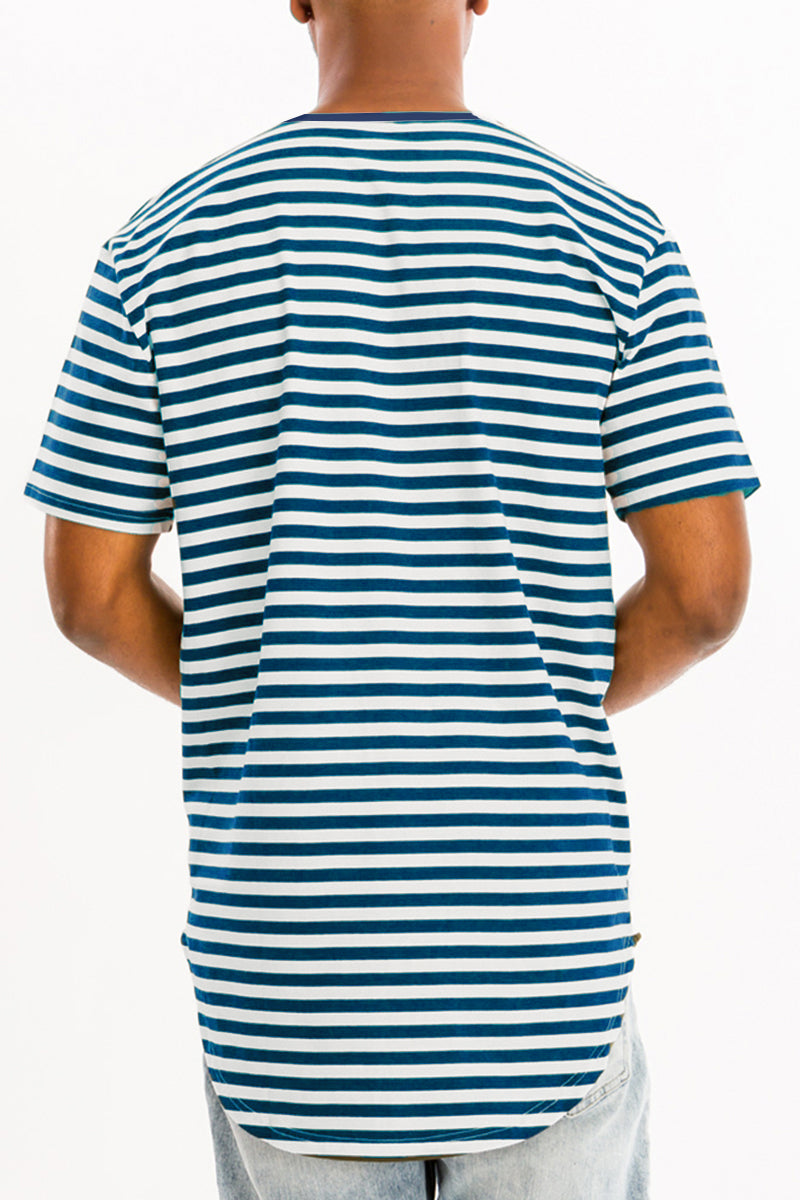 A stylish BASIC STRIPED TEE featuring an oversized fit, made from soft cotton and spandex blend, displayed on a mannequin.