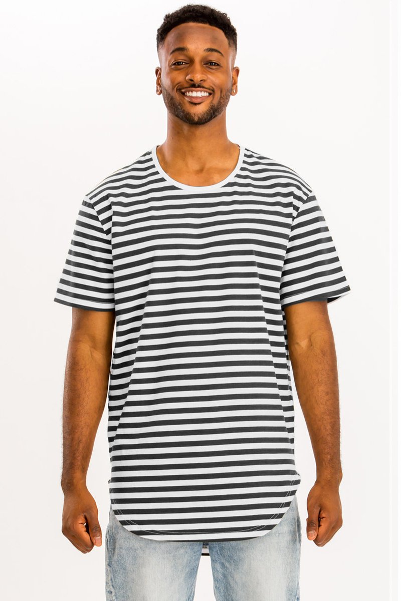 A stylish BASIC STRIPED TEE featuring an oversized fit, made from soft cotton and spandex, displayed on a mannequin.