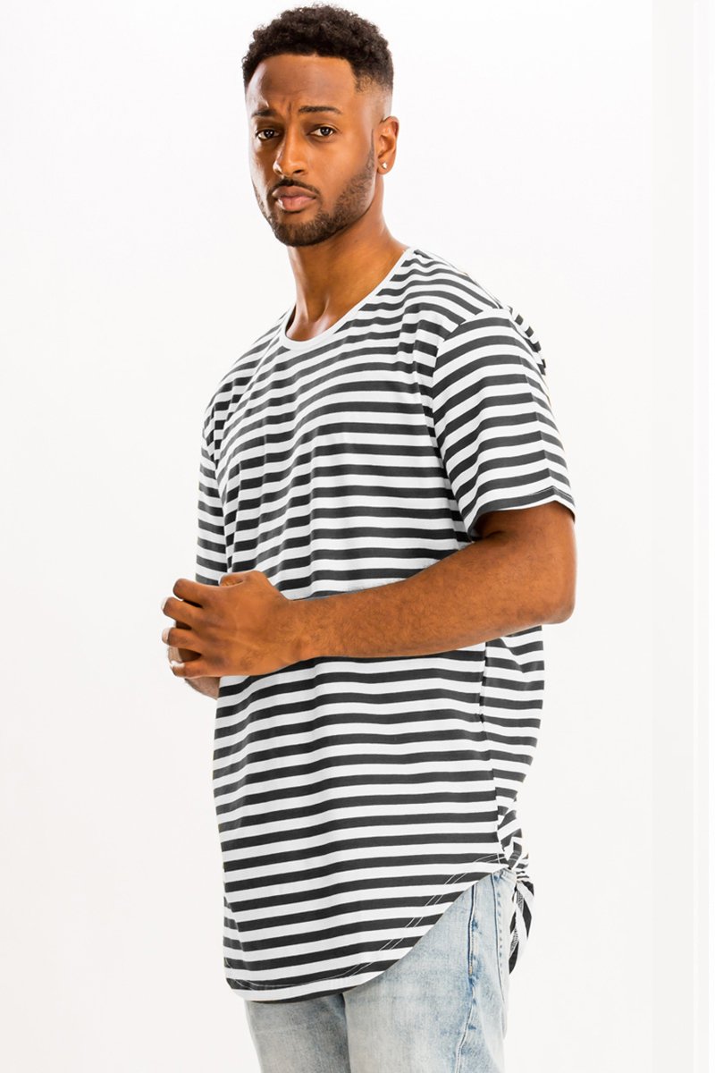 A stylish BASIC STRIPED TEE featuring an oversized fit, made from soft cotton and spandex, displayed on a mannequin.