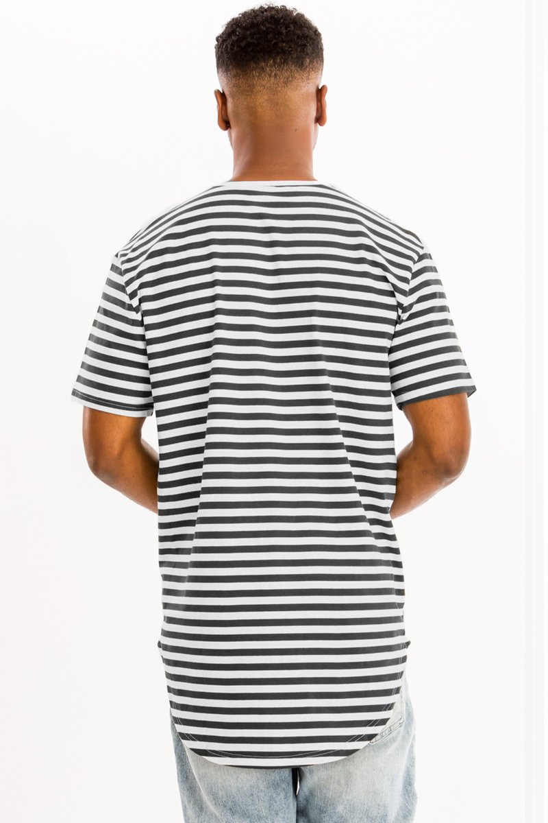 A stylish BASIC STRIPED TEE featuring an oversized fit, made from soft cotton and spandex, displayed on a mannequin.