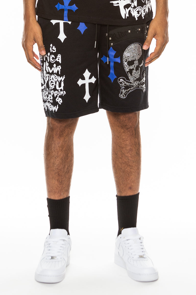 Bejewelled Chrome Skull Shorts featuring a unique skull design, elastic waist, and standard pockets, made from a cotton-polyester blend.