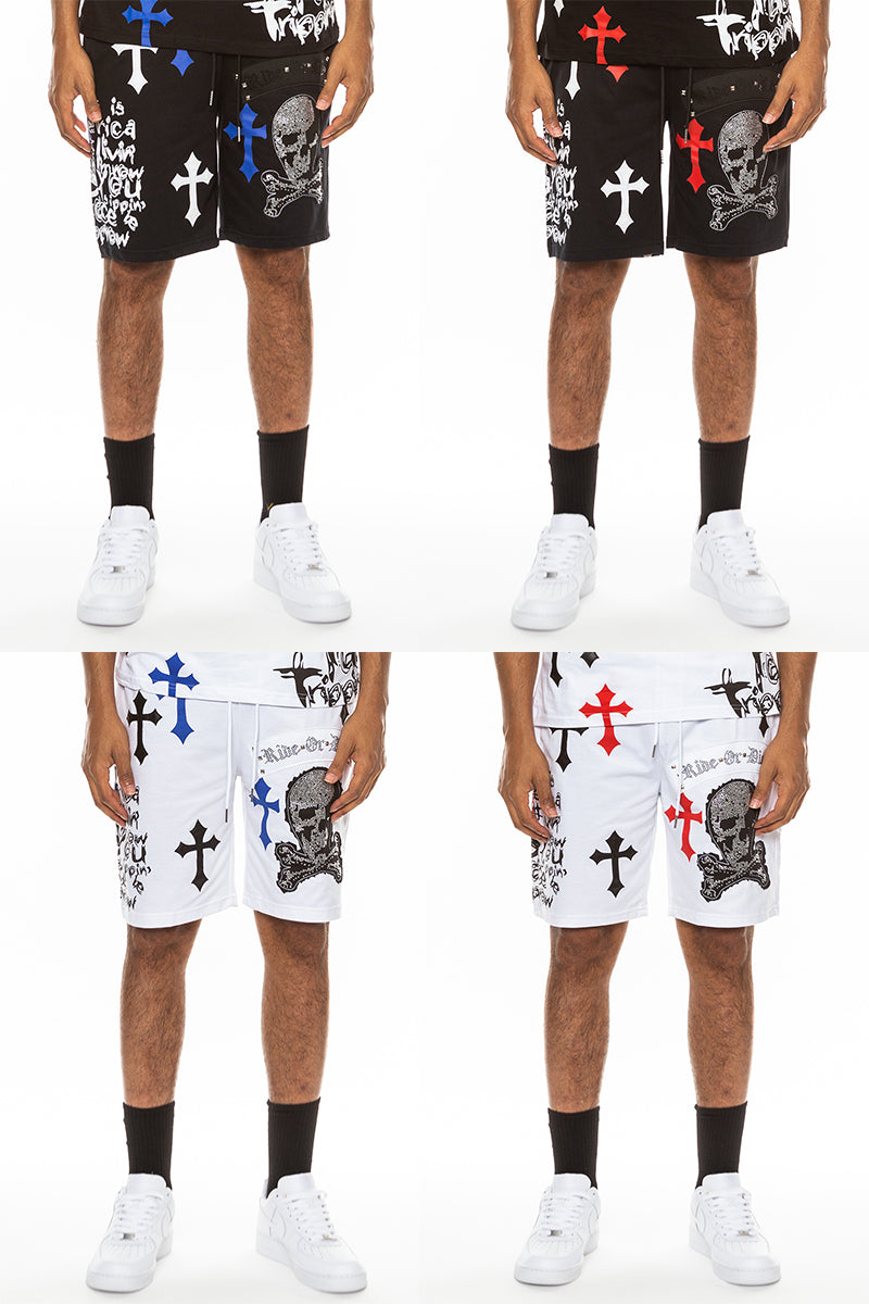 Bejewelled Chrome Skull Shorts featuring a unique skull design, elastic waist, and standard pockets, made from a cotton-polyester blend.