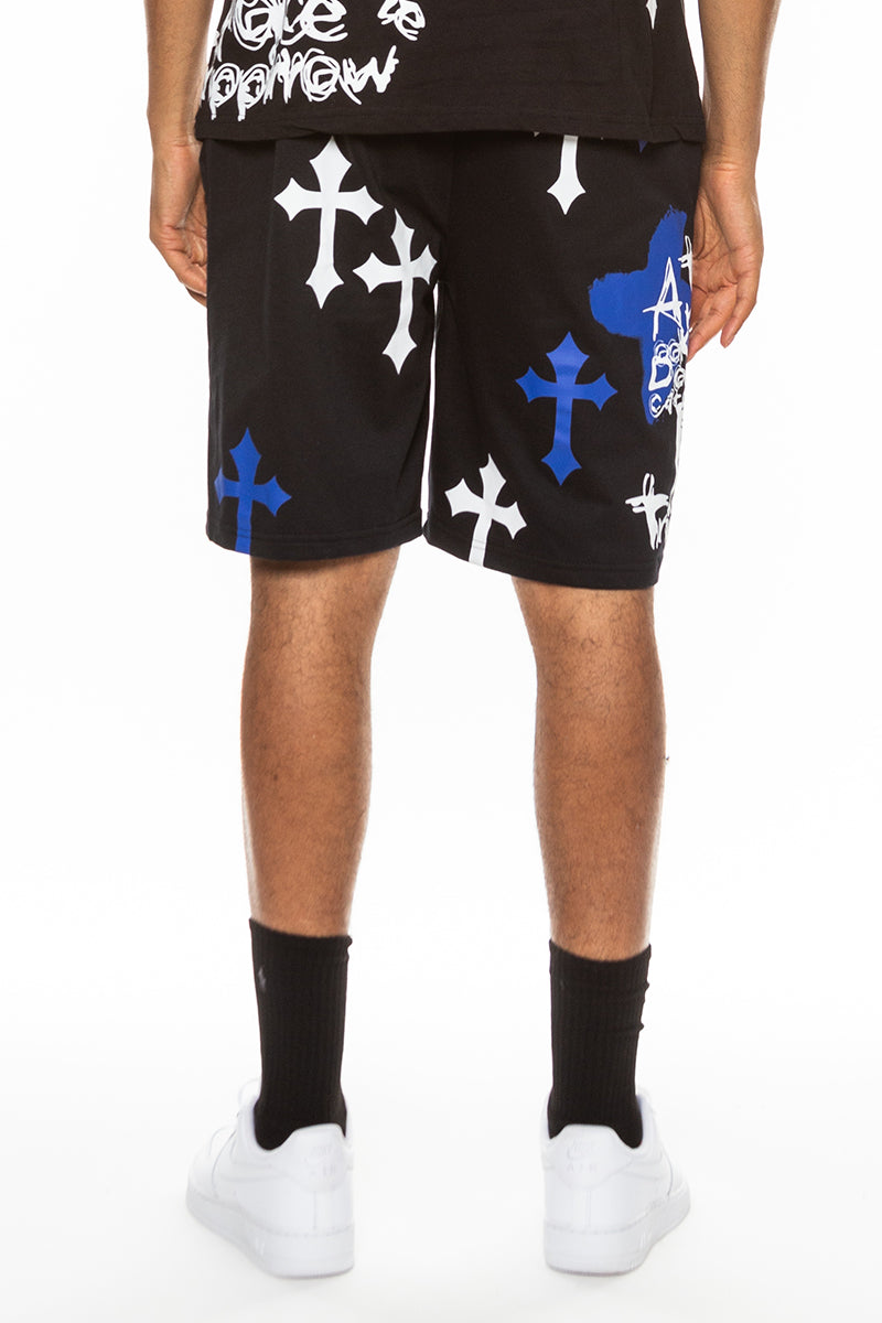 Bejewelled Chrome Skull Shorts featuring a unique skull design, elastic waist, and standard pockets, made from a cotton-polyester blend.