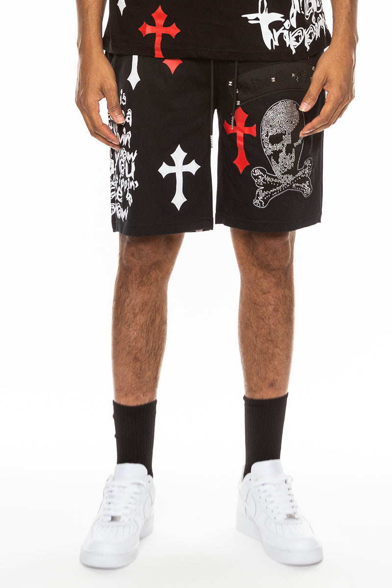 Bejewelled Chrome Skull Shorts featuring a unique skull design, elastic waist, and standard pockets, made from a cotton-polyester blend.