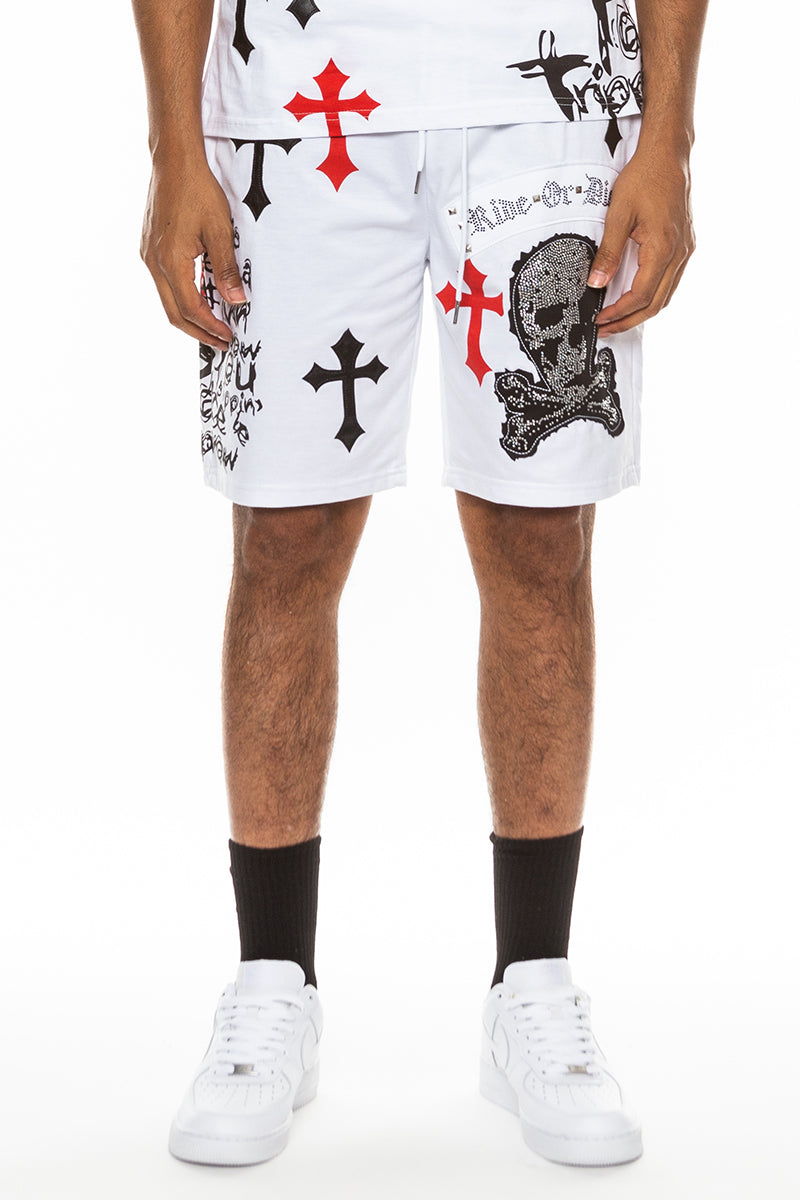 Bejewelled Chrome Skull Shorts featuring a unique skull design, elastic waist, and standard pockets, made from a cotton-polyester blend.