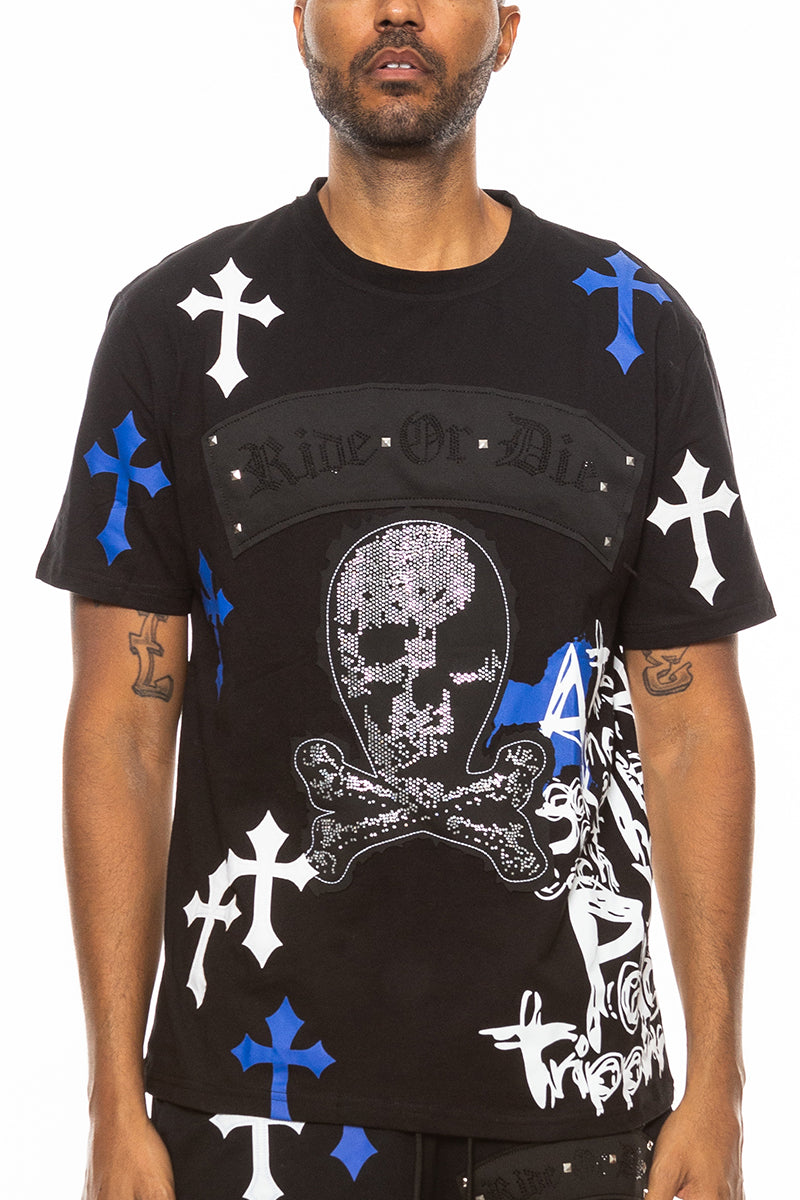 Bejewelled Chrome Skull T-Shirt featuring a unique skull design with sparkling embellishments on a soft cotton fabric.