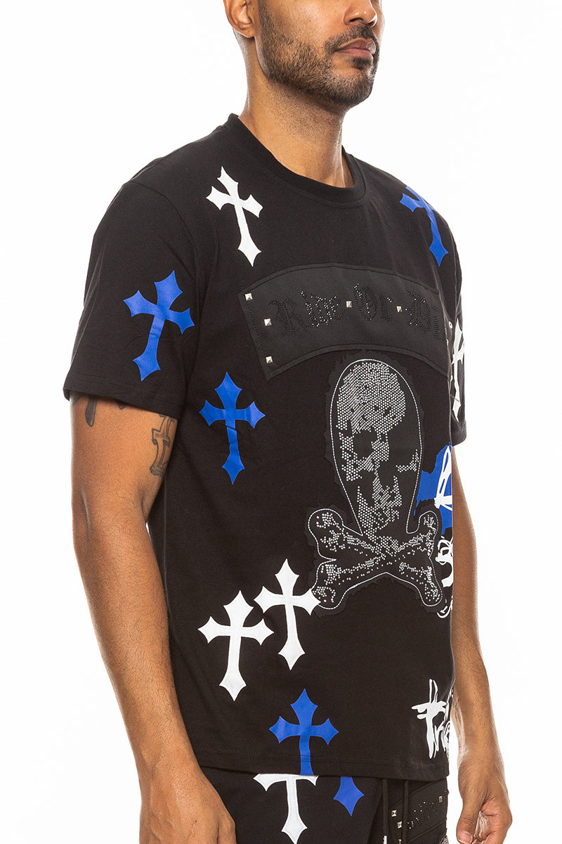 Bejewelled Chrome Skull T-Shirt featuring a unique skull design with sparkling embellishments on a soft cotton fabric.