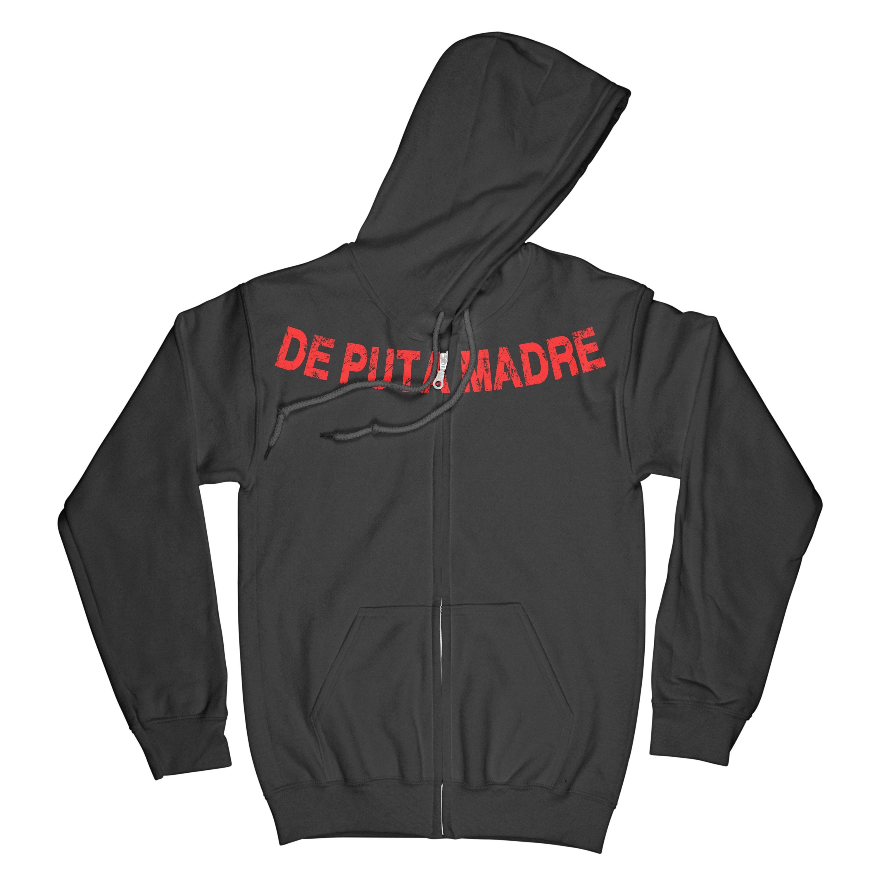 Men's zip hoodie featuring trendy design and handmade prints, showcasing the original DPM69 logo.