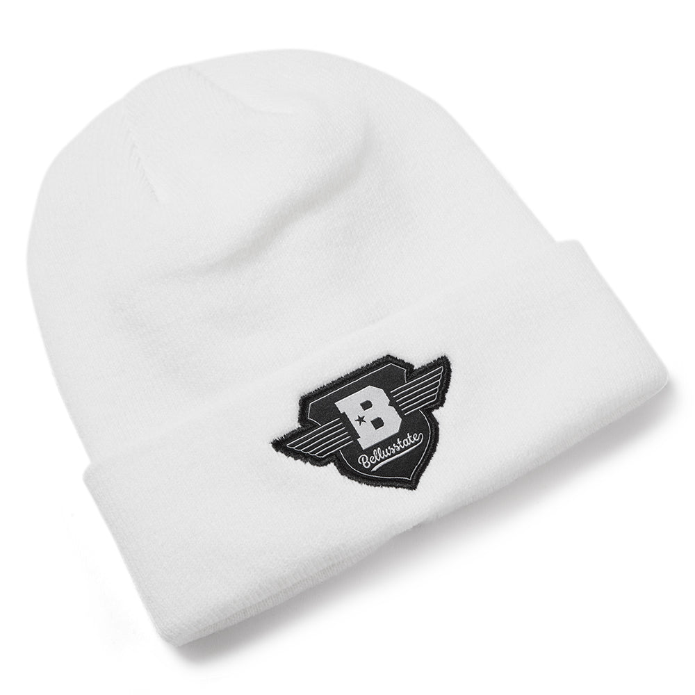 Bellusstate Crest Cuff Beanie in soft acrylic with a stylish crest design, perfect for unisex wear.