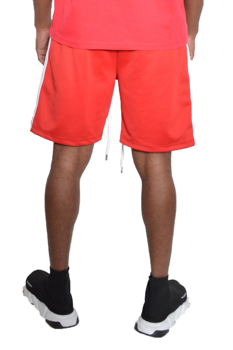 BESO Striped Shorts featuring an elastic waist and drawstring, made from polyester and spandex, with standard pockets.