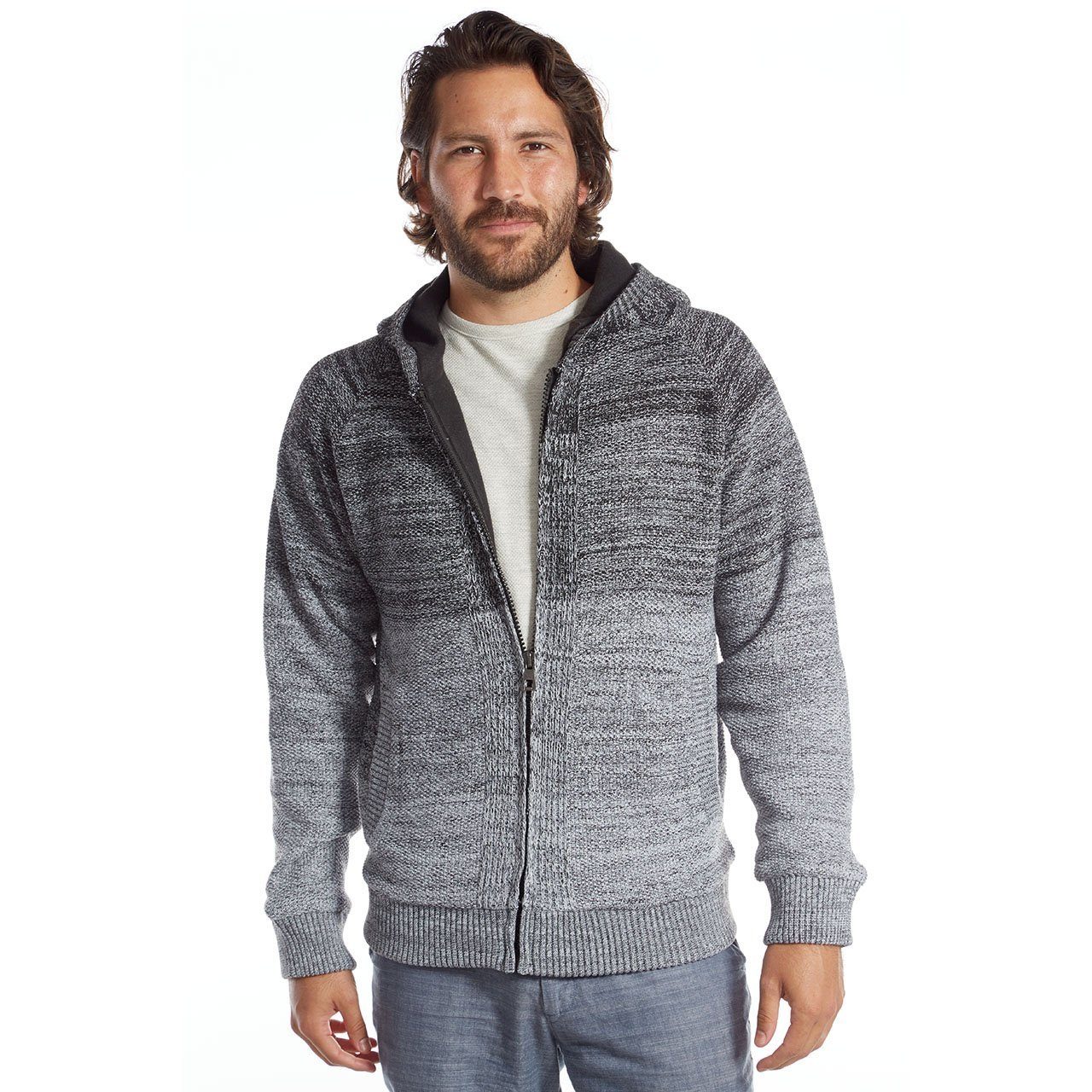 Bill Zip Up Hombre Sweater featuring a hood and zip closure, made from 100% polyester, available in various colors.