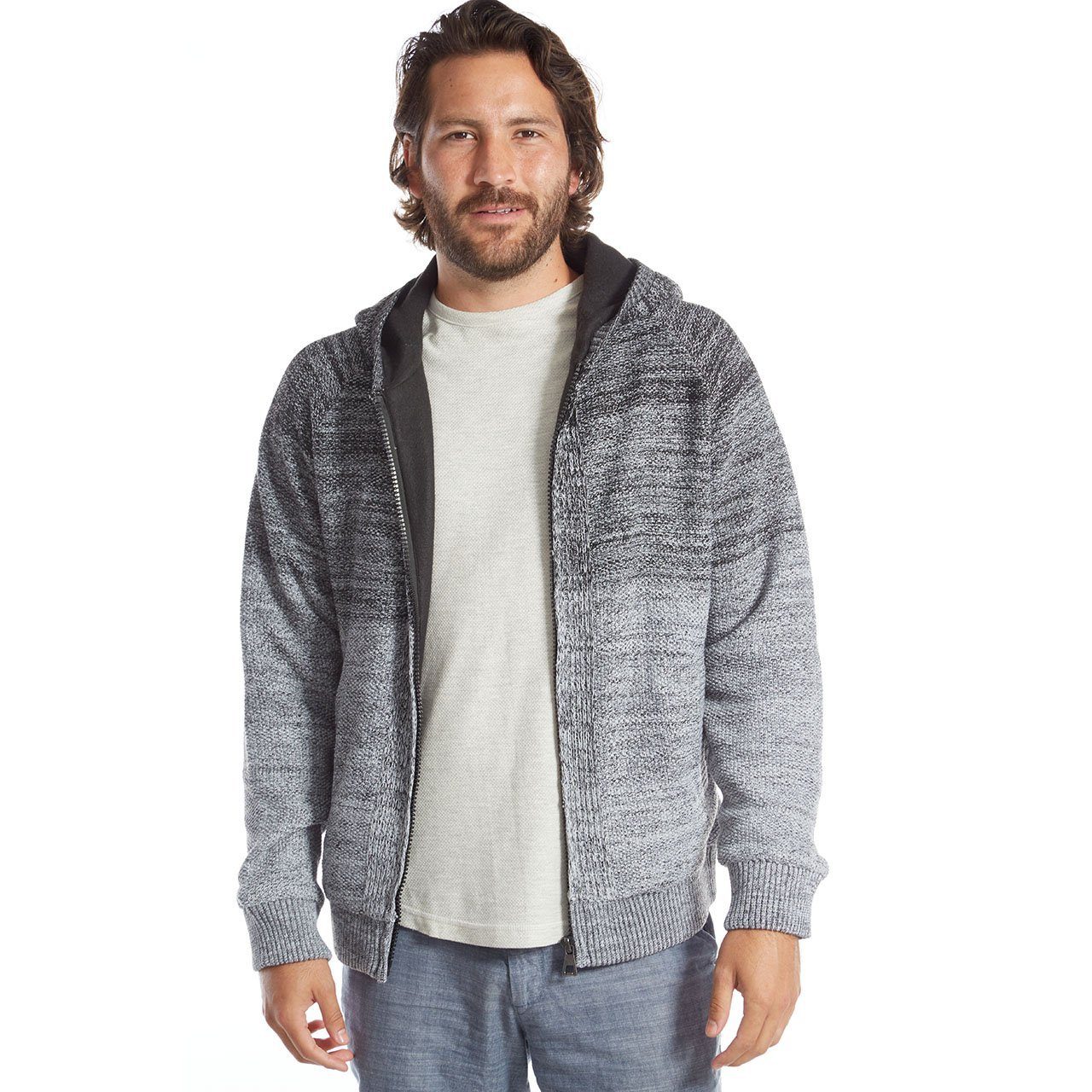 Bill Zip Up Hombre Sweater featuring a hood and zip closure, made from 100% polyester, available in various colors.