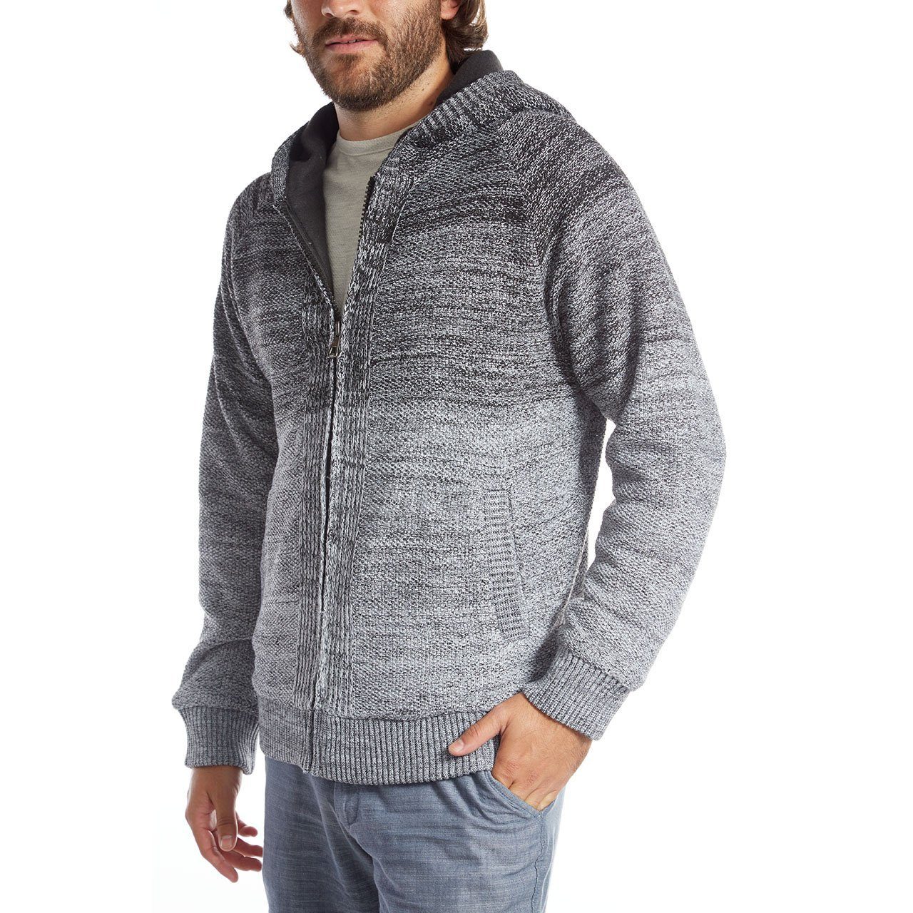 Bill Zip Up Hombre Sweater featuring a hood and zip closure, made from 100% polyester, available in various colors.