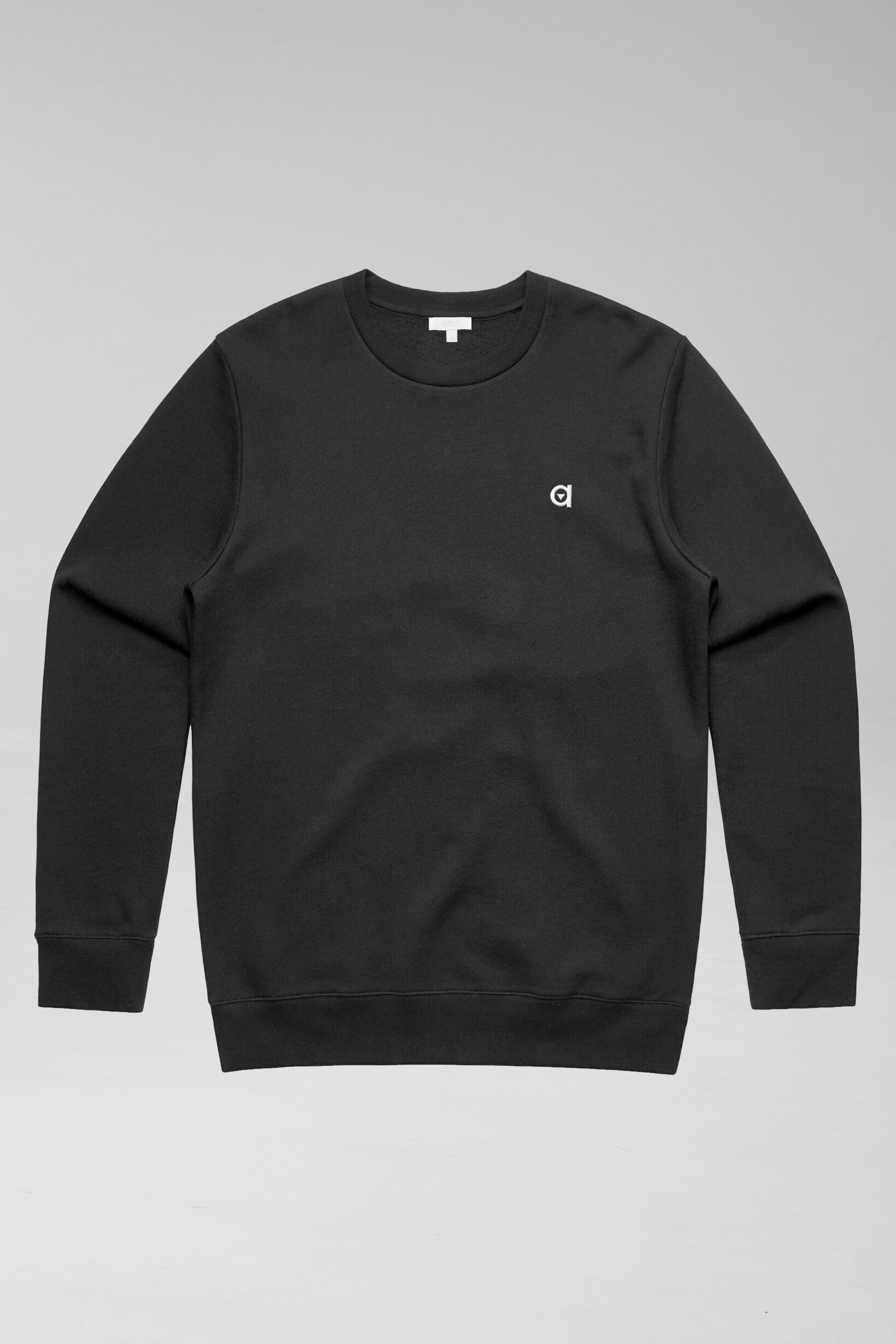 A stylish black crew neck sweatshirt made from 100% organic cotton, featuring an embroidered altid logo.