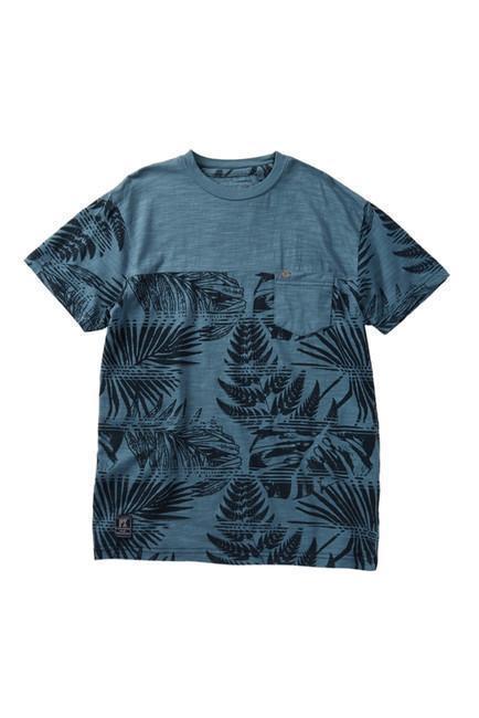 A vibrant Blue Hawaiian Print Pocket Tee featuring a tonal graphic design and a functional pocket, perfect for summer wear.