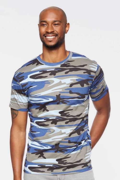 Blue Woodward Camo T-Shirt featuring urban woodland design, made from 100% cotton.