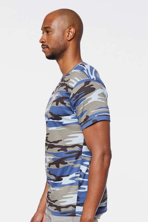 Blue Woodward Camo T-Shirt featuring urban woodland design, made from 100% cotton.