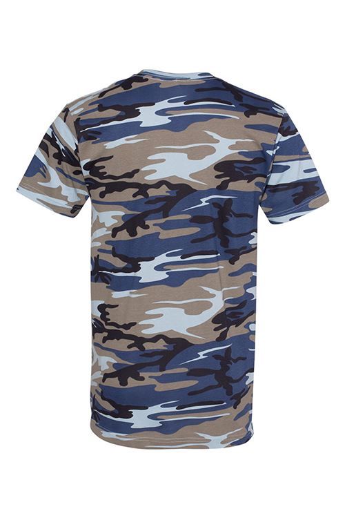 Blue Woodward Camo T-Shirt featuring urban woodland design, made from 100% cotton.